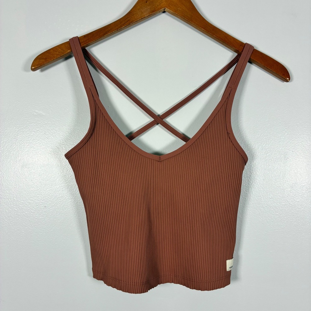 Vuori Tank Top S Brown Mindset Ribbed V-Neck Strappy Back Crop Yoga Gym Pilates